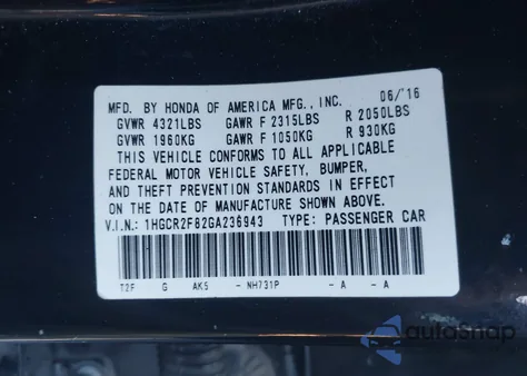 2016 Honda Accord Ex-L из США, поврежденный, VIN 1HGCR2F82GA236943